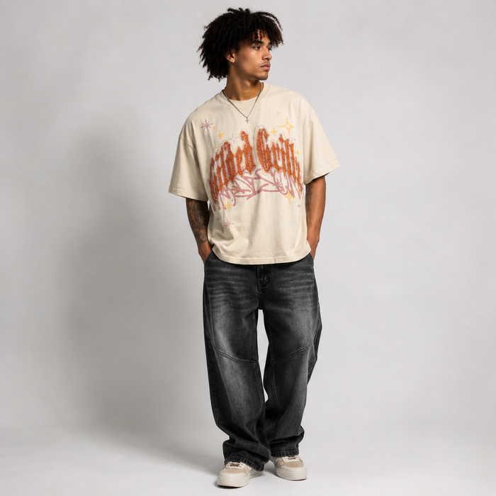 Smoke Rise Rhinestone Dystopia wide crop tee in clay color, featuring rhinestone details and a modern, cropped fit.
