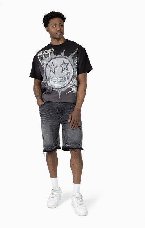 Smoke Rise denim shorts with sun-bleached effect in chaos black, featuring a stylish, casual fit and distressed details.