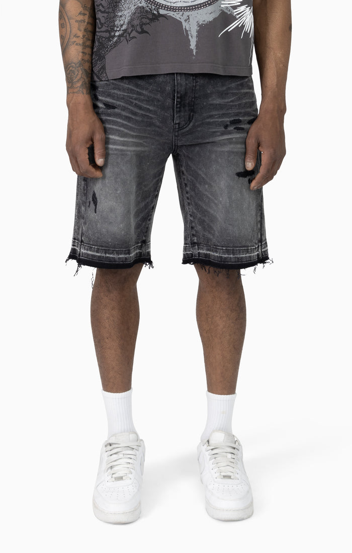 Smoke Rise sun bleached effect denim shorts in chaos black, featuring distressed details and casual fit.