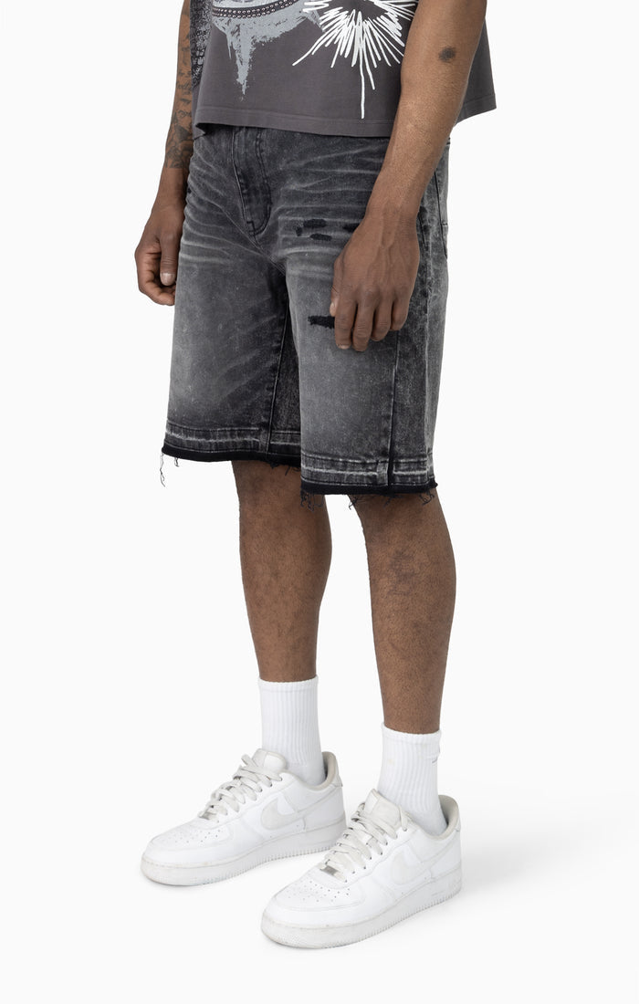 Smoke Rise denim shorts with sun-bleached effect in chaos black, featuring a stylish, distressed finish and casual fit.