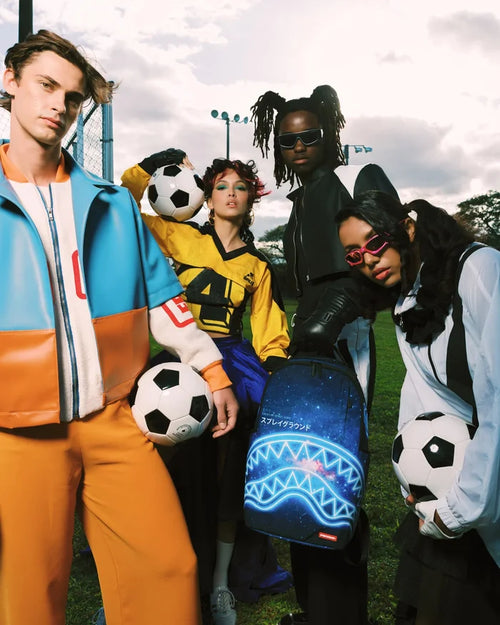 Sprayground Creative Space Labs backpack with bold graphic design, black straps, and logo, showcasing modern accessory style.