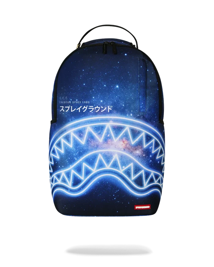 Sprayground Creative Space Labs backpack featuring vibrant space-themed design with multiple compartments and adjustable straps.