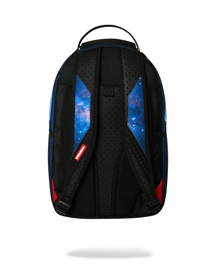 Sprayground Creative Space Labs backpack showing a colorful, artistic design with adjustable straps and multiple compartments.