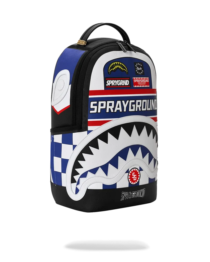 Sprayground First Place Chase backpack featuring bold design, durable straps, and spacious main compartment for accessories.