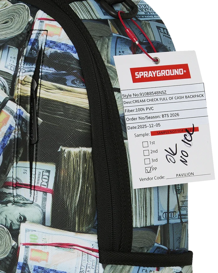 Sprayground Hidden Fortune backpack with bold graphic design, adjustable straps, and multiple compartments for accessories.