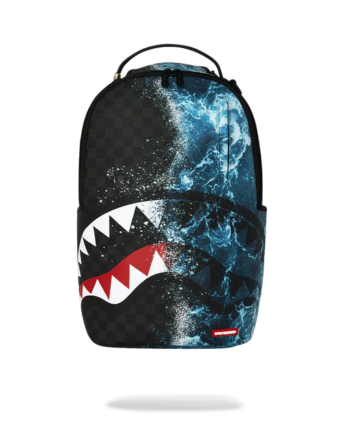 Sprayground High Tide Sharks in Paris backpack featuring colorful shark and cityscape design, accessories, and adjustable straps.