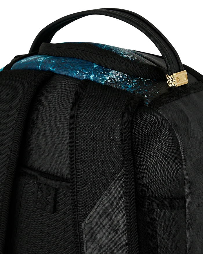 Sprayground High Tide Sharks in Paris backpack featuring vibrant shark and Paris cityscape design, accessories style, colorful and detailed.