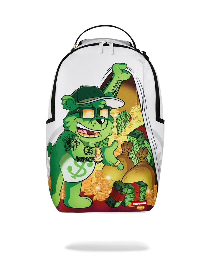 Sprayground Money Bear Stash backpack featuring a colorful bear design and multiple compartments for accessories.