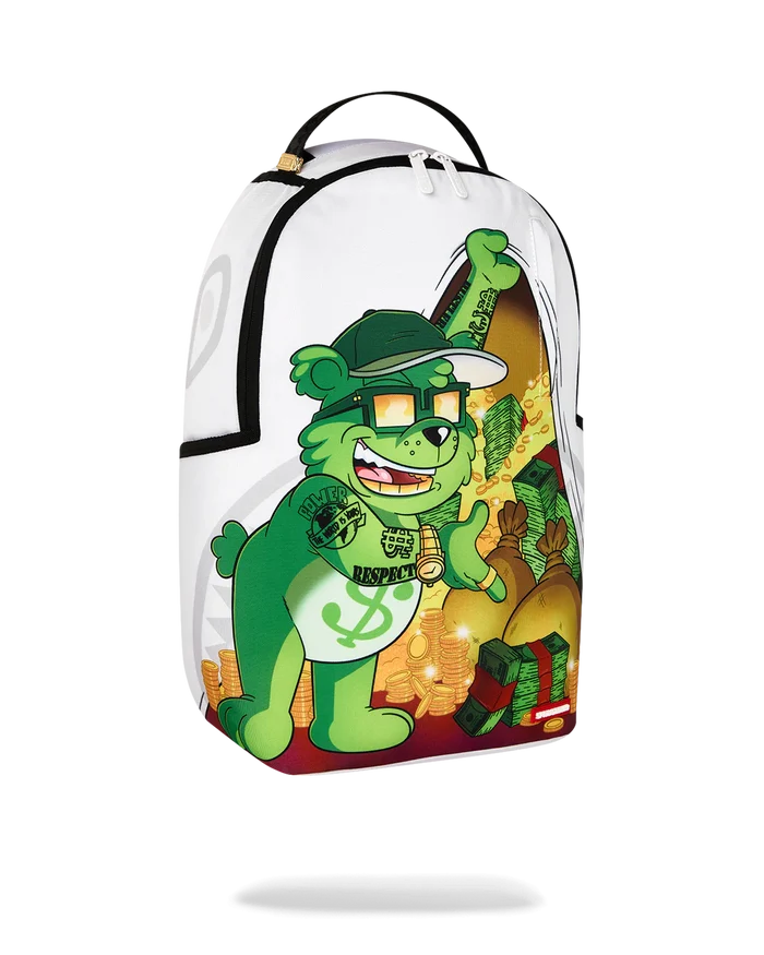 Sprayground Money Bear Stash backpack with bold design, black color, and adjustable straps, featuring a unique money-themed graphic.