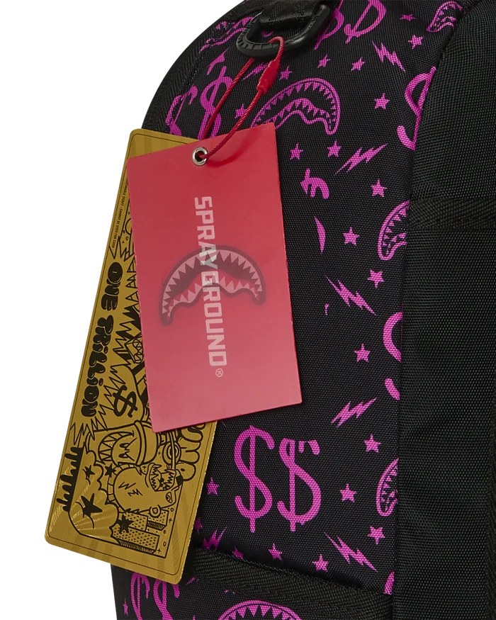 Sprayground Money Maker Shark Paper backpack featuring a bold shark design and multiple accessory compartments.