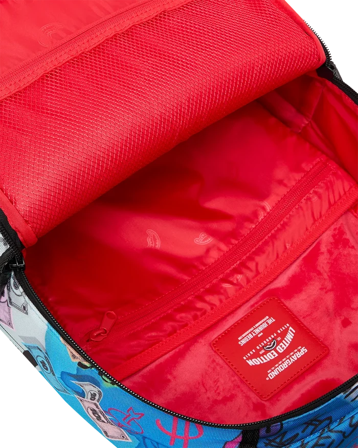 Sprayground Monopoly Grab & Go Go Go backpack with colorful print and adjustable straps, designed for stylish accessories.