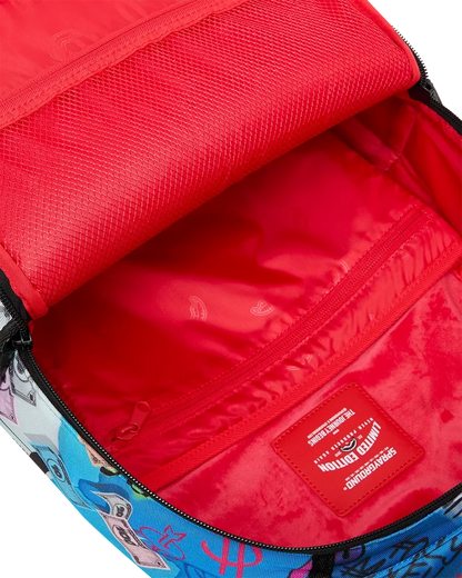 Sprayground Monopoly Grab & Go Go Go backpack with colorful print and adjustable straps, designed for stylish accessories.