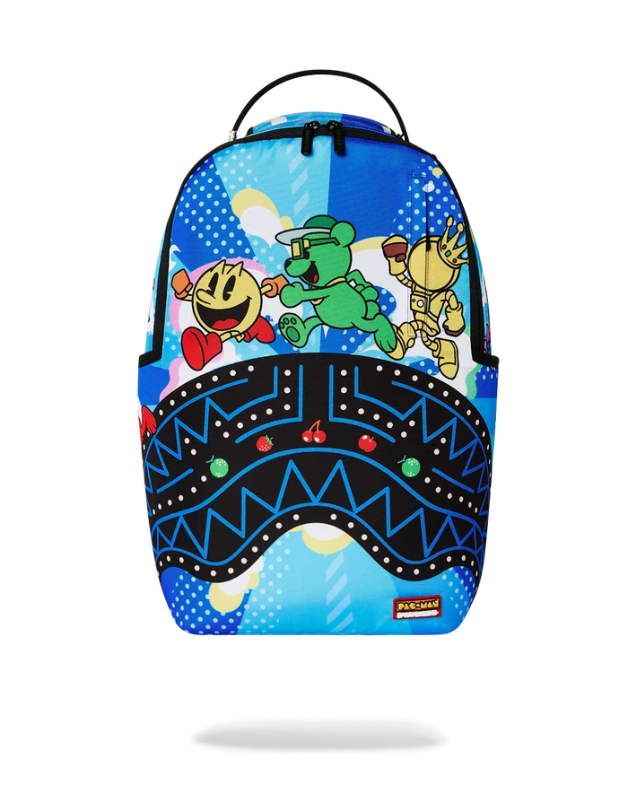 Sprayground Pac-Man official collaboration backpack featuring colorful graphics and adjustable straps, designed for stylish accessories.
