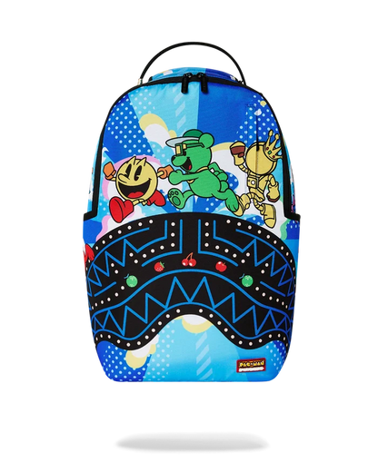 Sprayground Pac-Man official collaboration backpack featuring colorful graphics and adjustable straps, designed for stylish accessories.