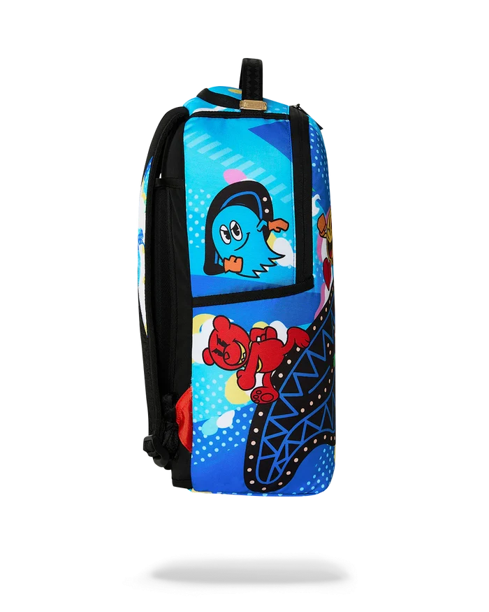 Sprayground Pac-Man official collab backpack featuring colorful Pac-Man design and adjustable straps, stylish accessories for everyday use.