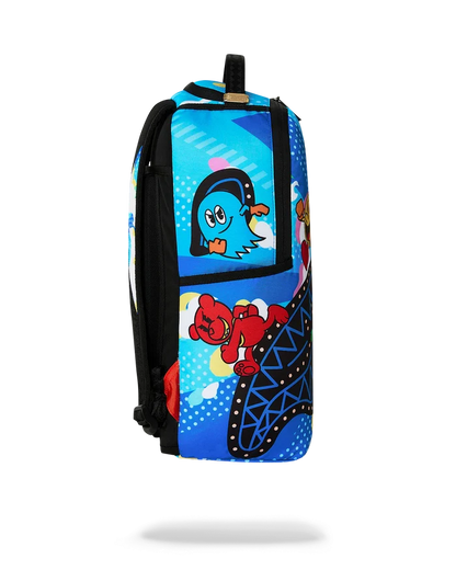 Sprayground Pac-Man official collab backpack featuring colorful Pac-Man design and adjustable straps, stylish accessories for everyday use.