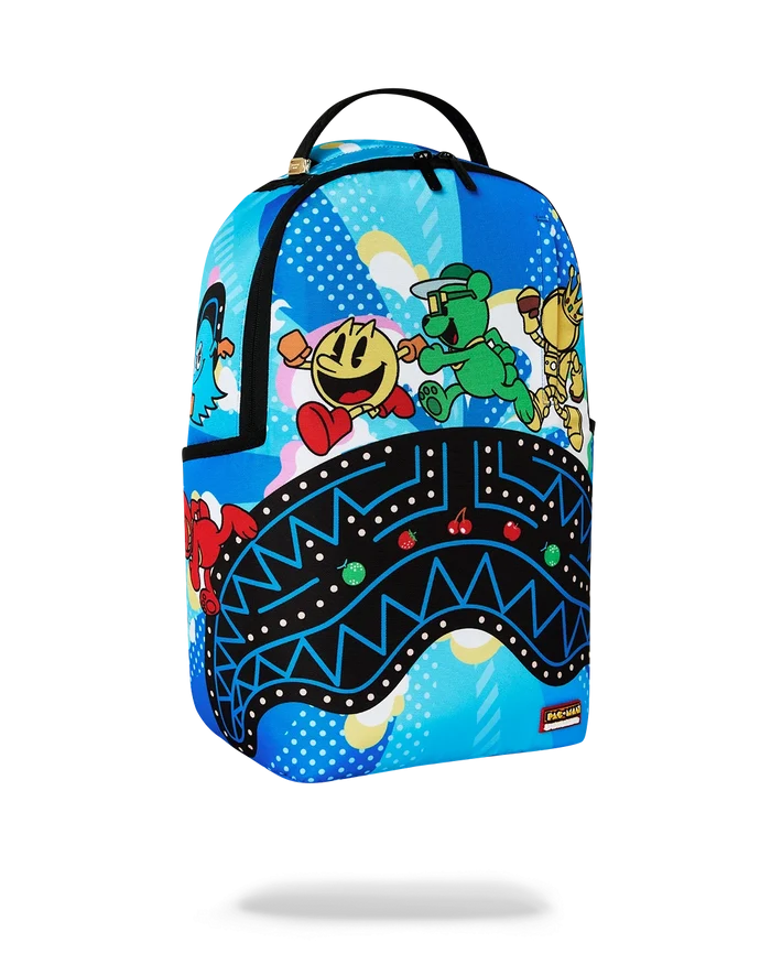 Sprayground Pac-Man official collaboration backpack with colorful graphic design and adjustable straps, stylish accessories for everyday use.