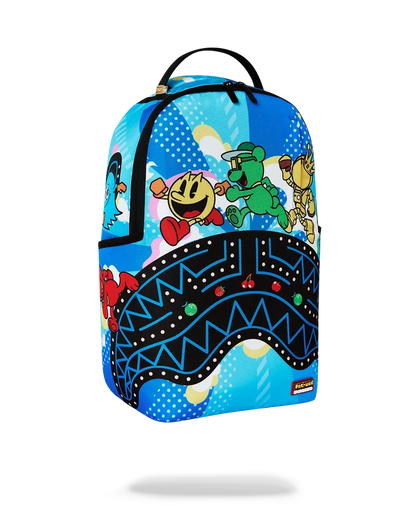 Sprayground Pac-Man official collaboration backpack with colorful graphic design and adjustable straps, stylish accessories for everyday use.
