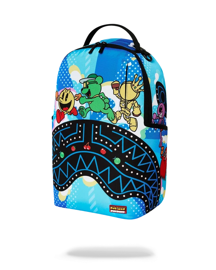 Sprayground Pac-Man collab backpack featuring colorful Pac-Man graphics and adjustable straps, stylish accessory for everyday use.