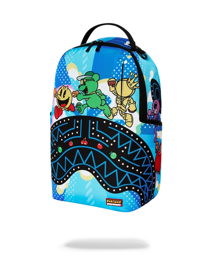 Sprayground Pac-Man collab backpack featuring colorful Pac-Man graphics and adjustable straps, stylish accessory for everyday use.