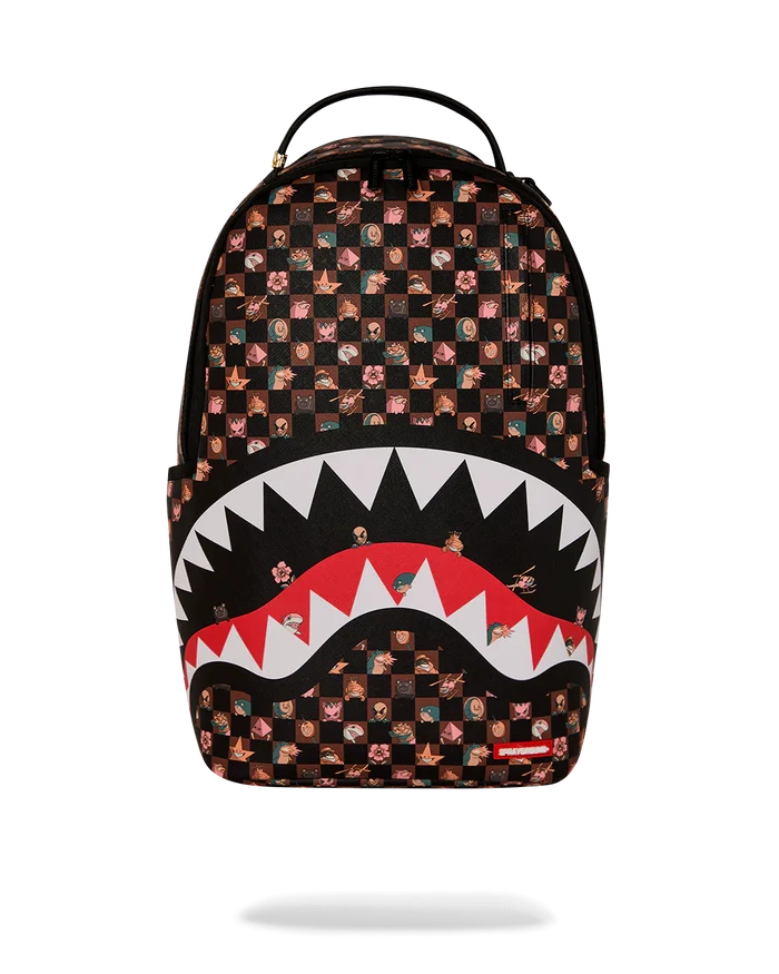 Sprayground Peeking Characters backpack with colorful cartoon character design, featuring adjustable straps and top handle.