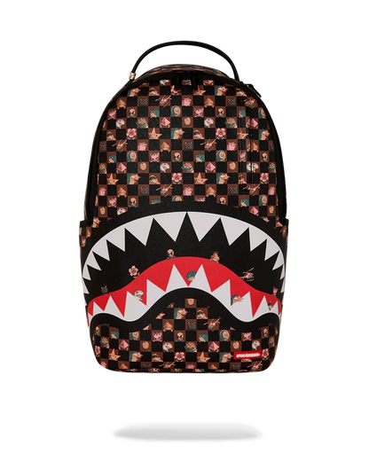 Sprayground Peeking Characters backpack with colorful cartoon character design, featuring adjustable straps and top handle.