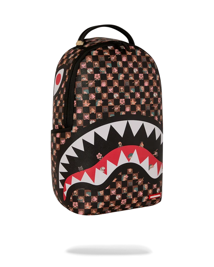 Sprayground Peeking Characters backpack with colorful cartoon print, adjustable straps, and spacious main compartment.