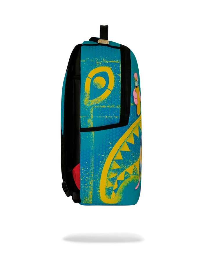 Sprayground Pink Panther Art Heist backpack with pink and black design, featuring cartoon Pink Panther character and artistic details.
