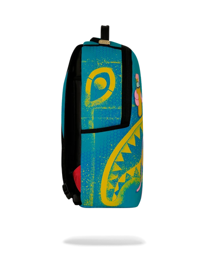 Sprayground Pink Panther Art Heist backpack with pink and black design, featuring cartoon Pink Panther character and artistic details.