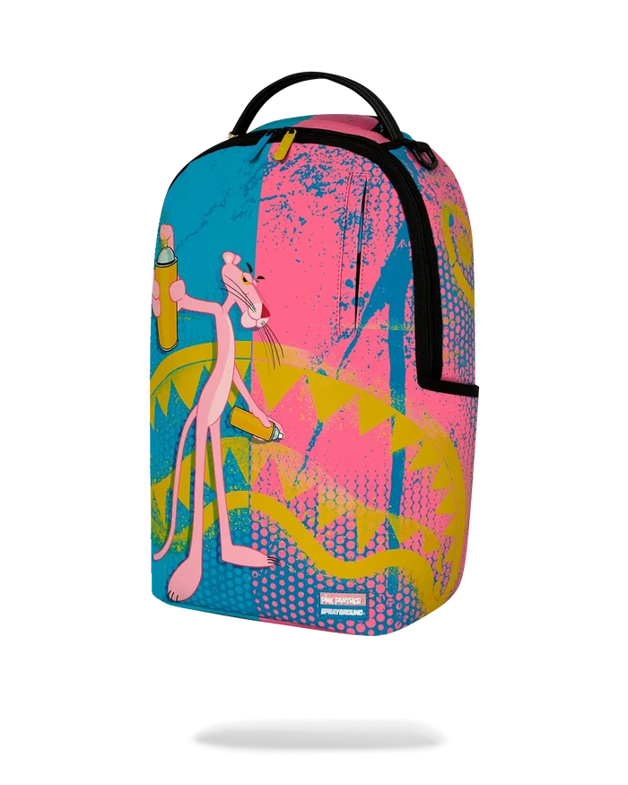Sprayground Pink Panther Art Heist backpack featuring vibrant pink panther design and artistic accessories.
