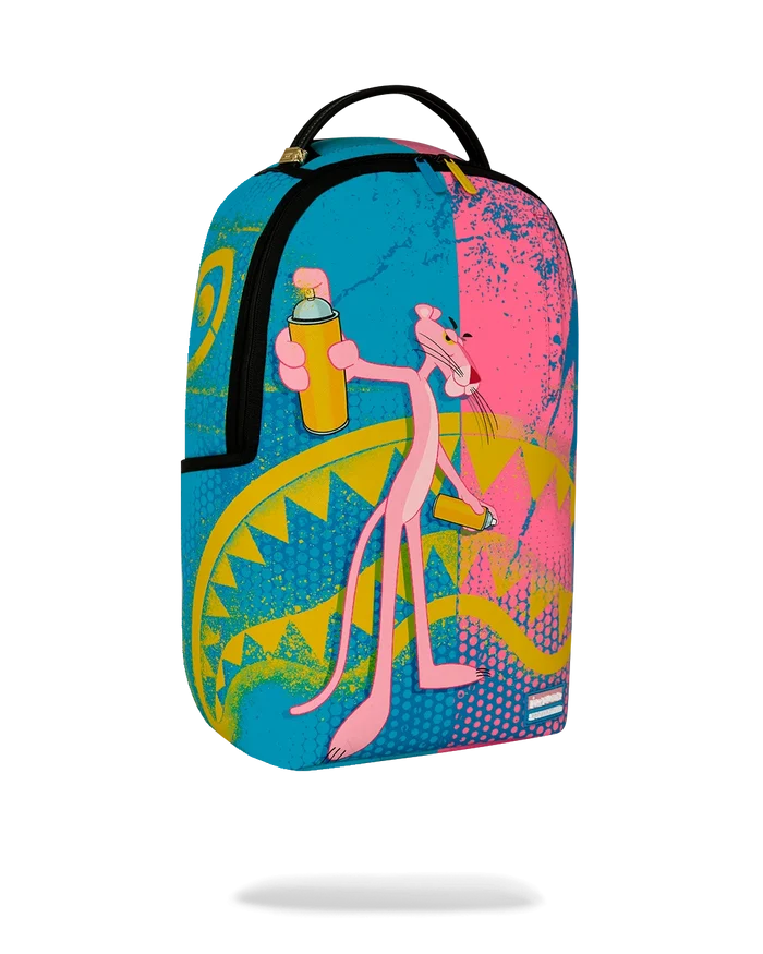 Sprayground Pink Panther Art Heist backpack featuring a pink panther design on a colorful, durable accessory bag.