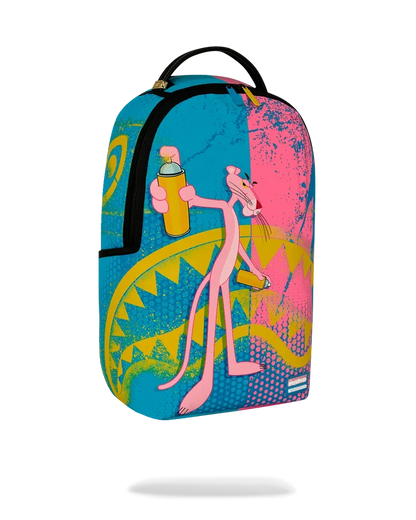 Sprayground Pink Panther Art Heist backpack featuring a pink panther design on a colorful, durable accessory bag.