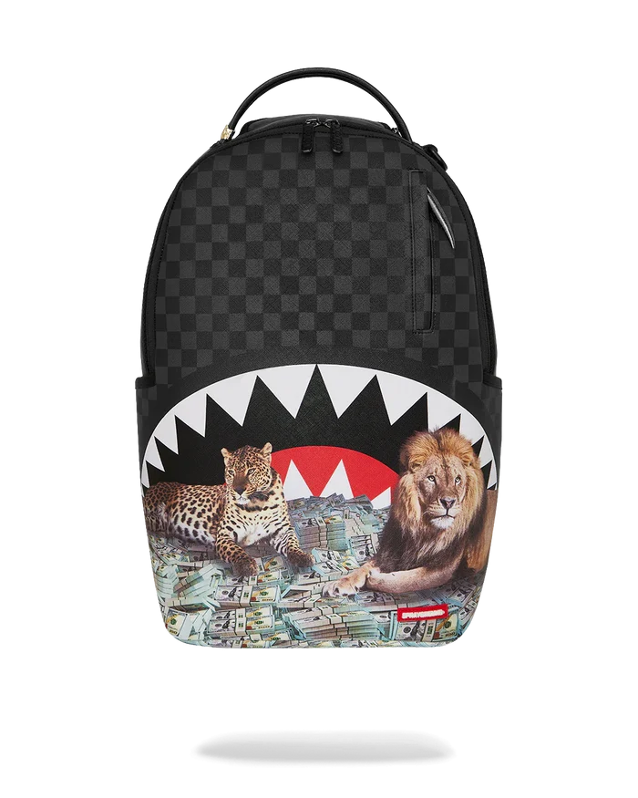Sprayground Royal In$tinct backpack featuring bold graphic design, adjustable straps, and multiple compartments for accessories.