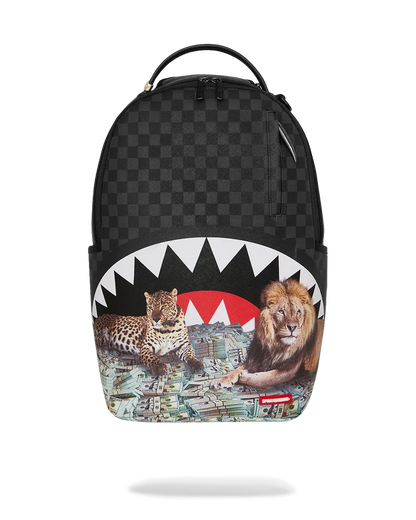Sprayground Royal In$tinct backpack featuring bold graphic design, adjustable straps, and multiple compartments for accessories.