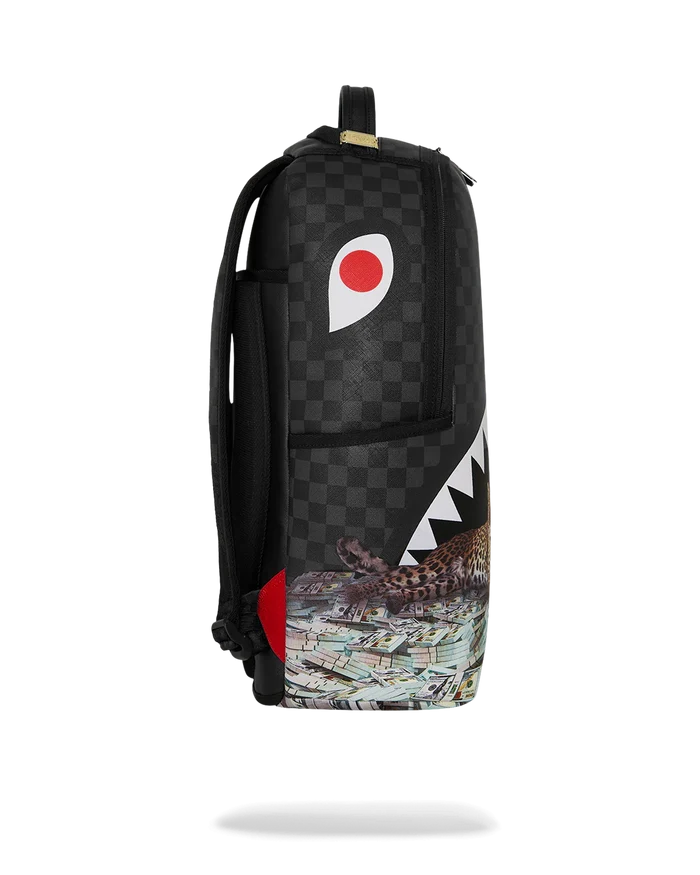 Sprayground Royal In$tinct backpack with bold graphic design, black straps, and multiple compartments for accessories and essentials.