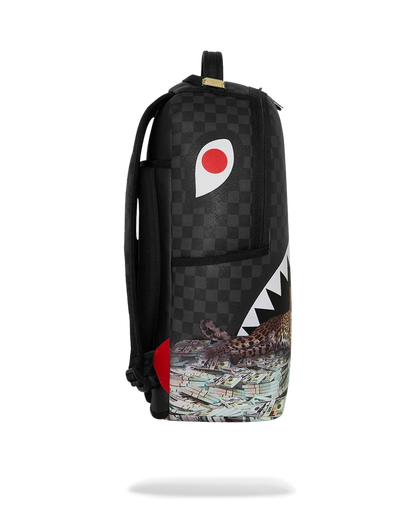 Sprayground Royal In$tinct backpack with bold graphic design, black straps, and multiple compartments for accessories and essentials.