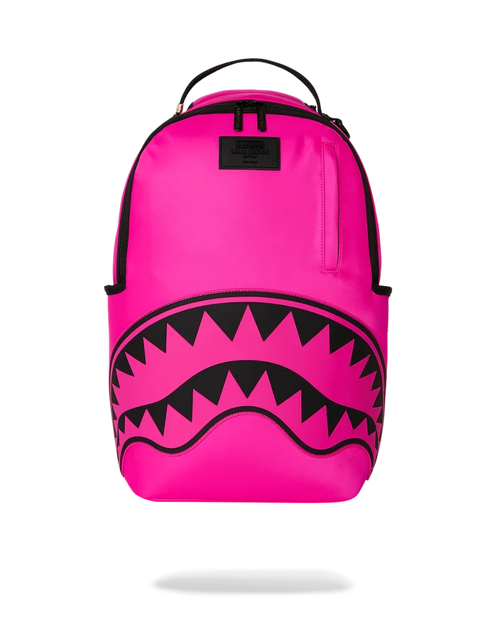 Sprayground Shark Central 2 Pink Code backpack featuring a vibrant shark graphic, durable accessories design, and adjustable straps.