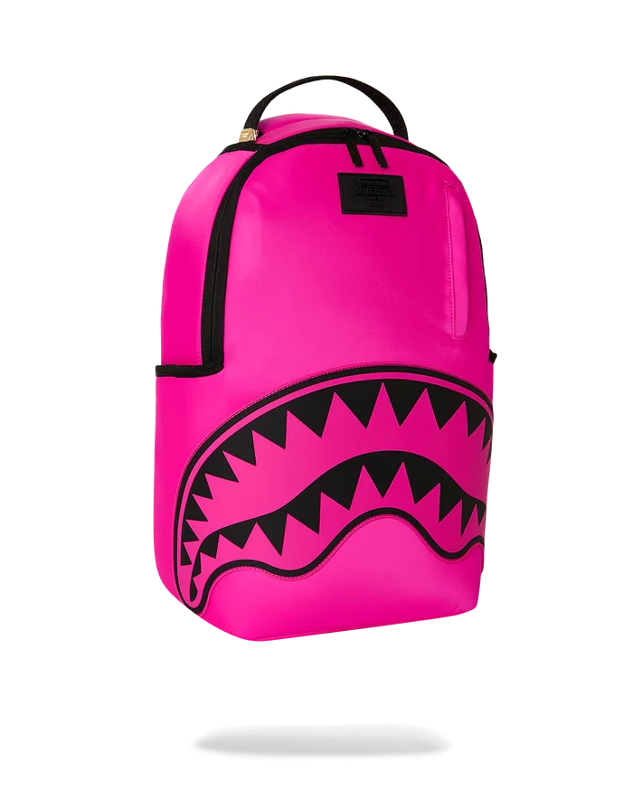 Sprayground Shark Central 2 Pink Code backpack featuring a colorful shark design and adjustable straps.