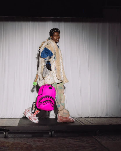 Sprayground Shark Central 2 Pink Code backpack with shark graphic, pink accents, and adjustable straps, accessories for stylish carry.