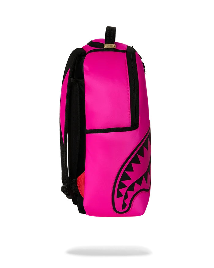 Sprayground Shark Central 2 Pink Code backpack with shark graphic, vibrant pink accents, and adjustable straps for accessories.