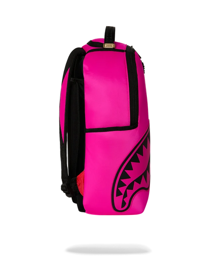 Sprayground Shark Central 2 Pink Code backpack with shark graphic, vibrant pink accents, and adjustable straps for accessories.