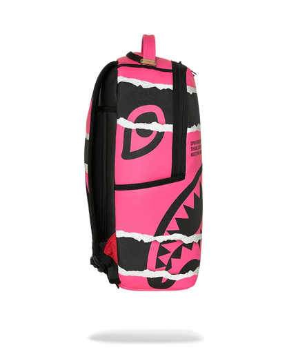 Sprayground Shark Central Split Vision backpack with bold shark graphic, black and white color scheme, and multiple compartments.