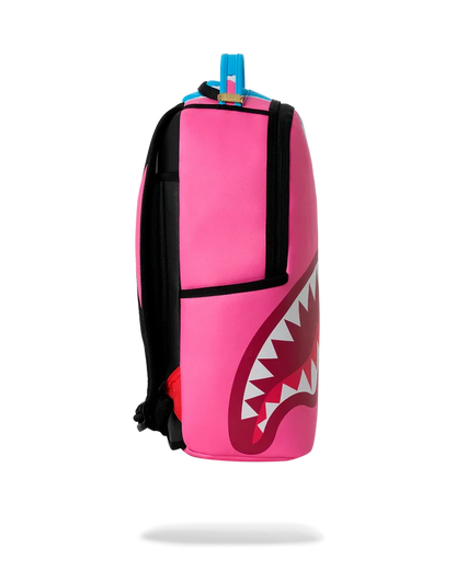 Sprayground Shark Central Zen backpack with cartoon shark design, durable black fabric, and adjustable straps.