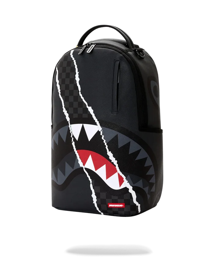 Sprayground Shark Slash backpack featuring a bold shark graphic, stylish accessories, and adjustable straps for everyday use.