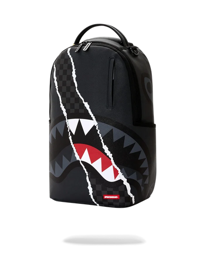 Sprayground Shark Slash backpack featuring a bold shark graphic, stylish accessories, and adjustable straps for everyday use.