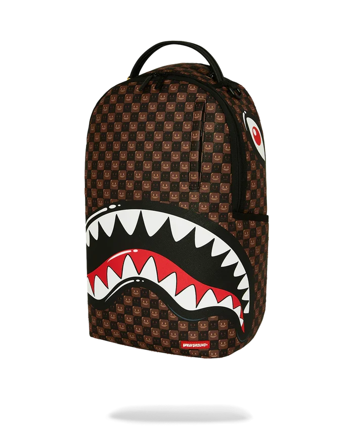 Sprayground Sharks in Paris Grin & Grind backpack featuring shark graphic, black straps, and vibrant design details.