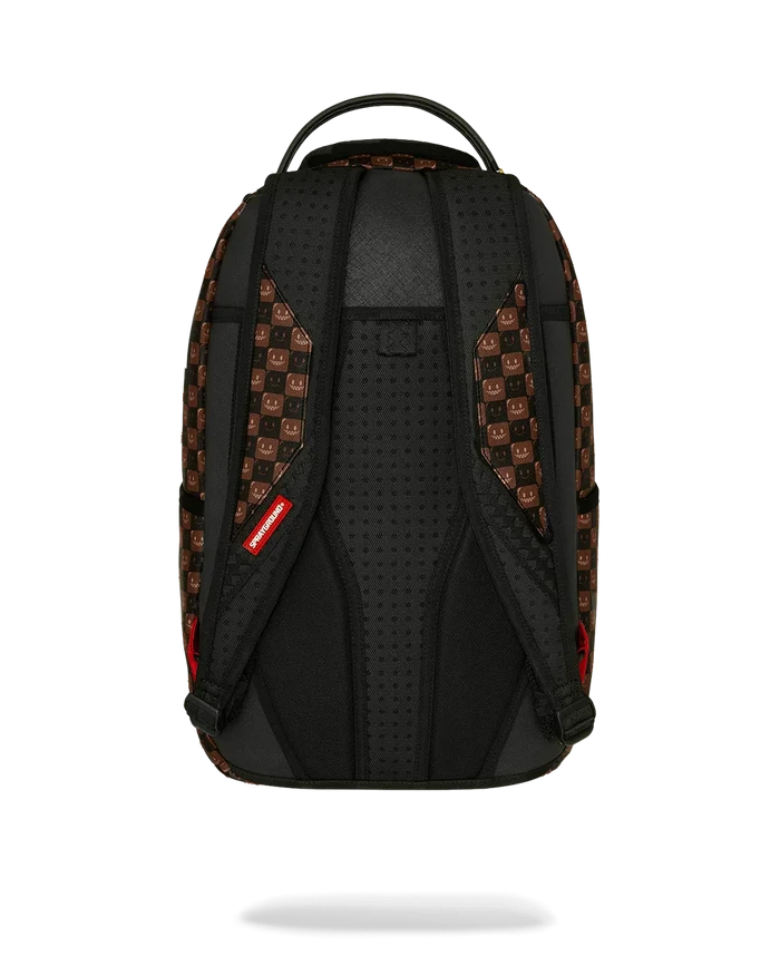 Sprayground Sharks In Paris Grin & Grind backpack featuring colorful shark graphic and urban design, accessories for stylish carry.