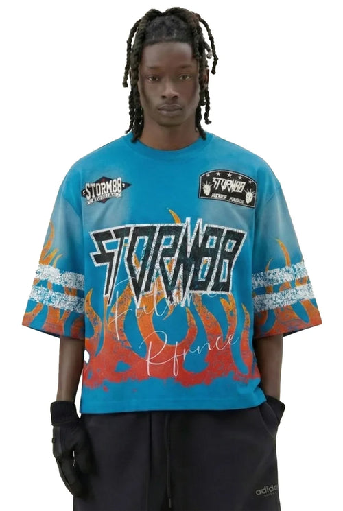 STORM88 Washed S/N Aqua 3/4 Sleeve T-Shirt with printed design, casual fit, and lightweight fabric on a neutral background.