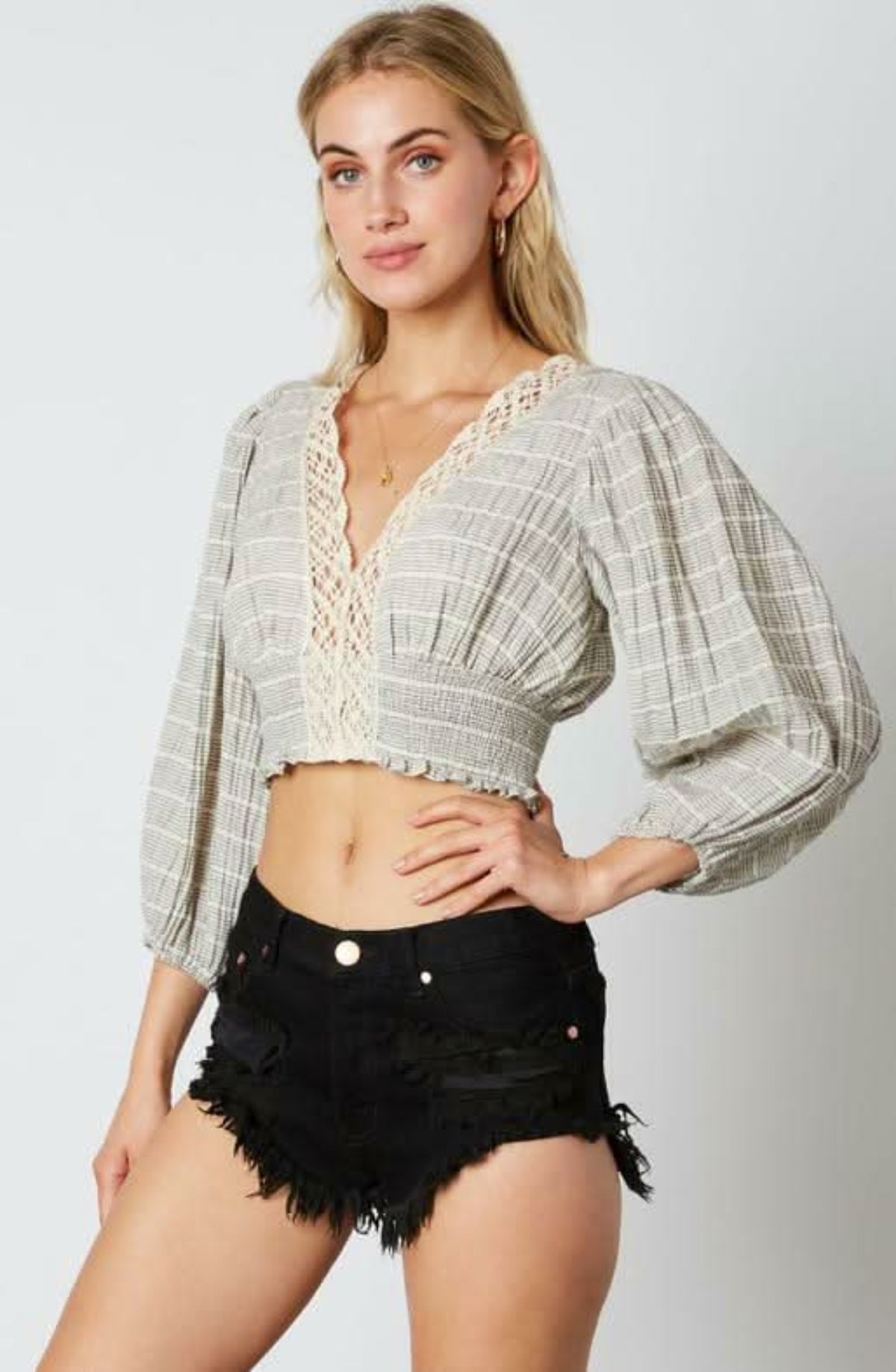 Lola Beige and Black Striped Lace Crop Top