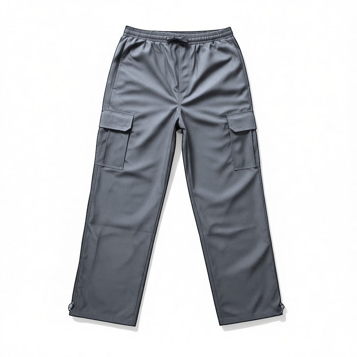 Charcoal JK Studio Baggy Nylon Cargo Pants, relaxed fit with multiple pockets, casual streetwear style.